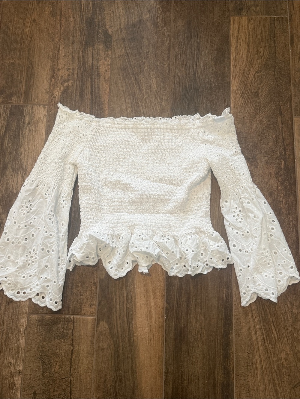 Express off shoulder eyelet smocked top
